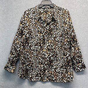 Talbots Leopard Top Womens Plus 3XP Black Long Sleeve Button Up Cheetah Cotton